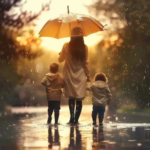 Image of a mother protecting her children from the rain