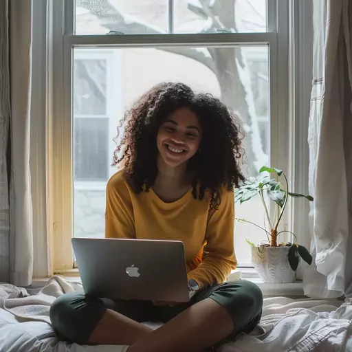 Image of a smiling woman on her laptop