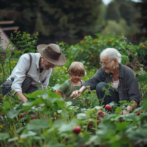 Image of an elderly couple picking fruit with their grandchild